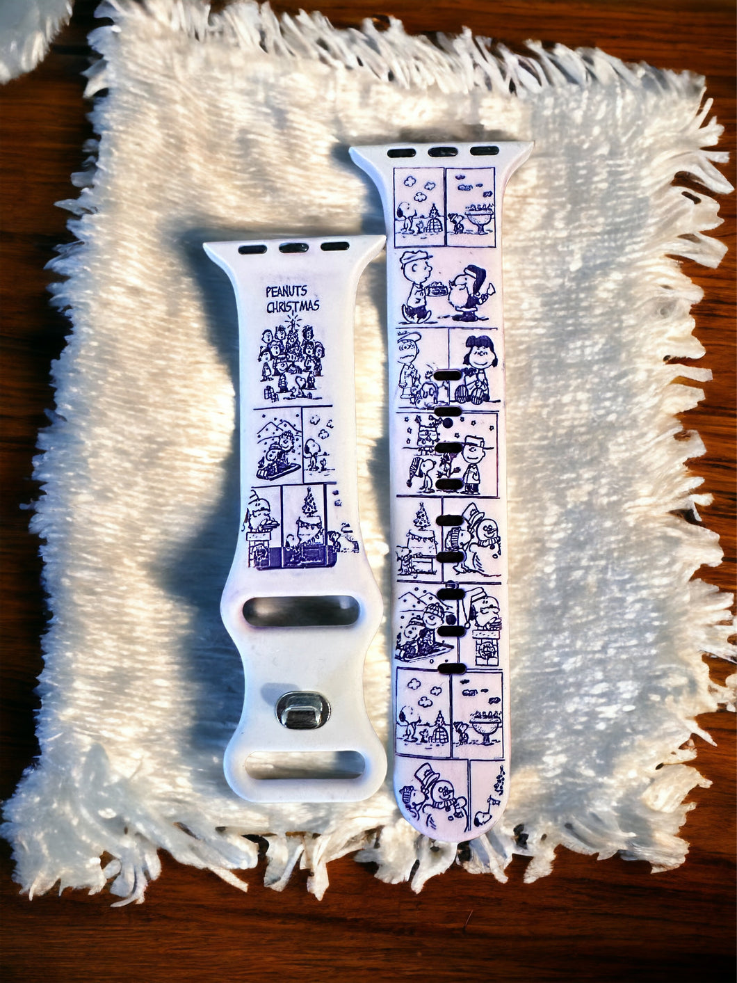 Inspired Peanut Christmas, laser engraved character band, black permanent ink field ￼