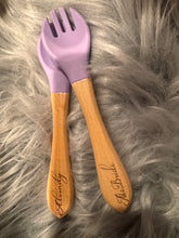 Load image into Gallery viewer, Engraved Baby spoon Personalized baby spoon Baby spoon with name wood and silicone baby spoon Personalized baby gift spoon and fork set.
