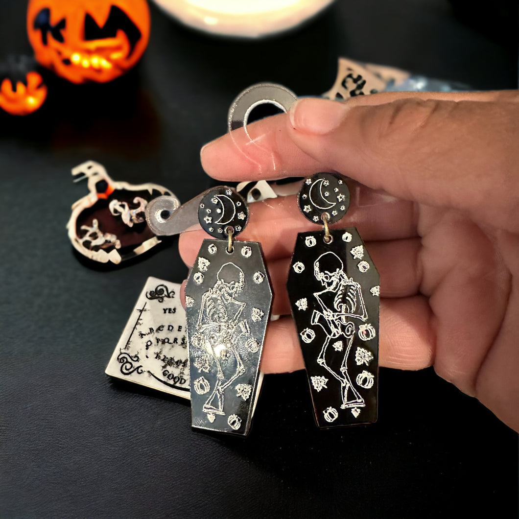 Dancing Skeleton Black Acrylic Earrings