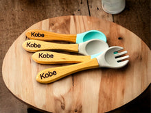 Load image into Gallery viewer, Engraved Baby spoon Personalized baby spoon Baby spoon with name wood and silicone baby spoon Personalized baby gift spoon and fork set.
