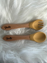 Load image into Gallery viewer, Engraved Baby spoon Personalized baby spoon Baby spoon with name wood and silicone baby spoon Personalized baby gift spoon and fork set.
