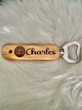Load image into Gallery viewer, Personalized Wood Handled Bottle Opener, laser engraved, customizable, Gift for Father&#39;s Day, Bachelor  Bachelorette Party, Wedding Favor,
